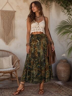 LILY SKYE Boho Peacock Cheetah Print Midi Skirt Lined Elastic Waist XL